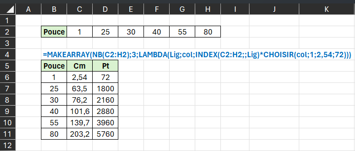 Excel Fonction MAKEARRAY exemple 6 : Conversion d'unités