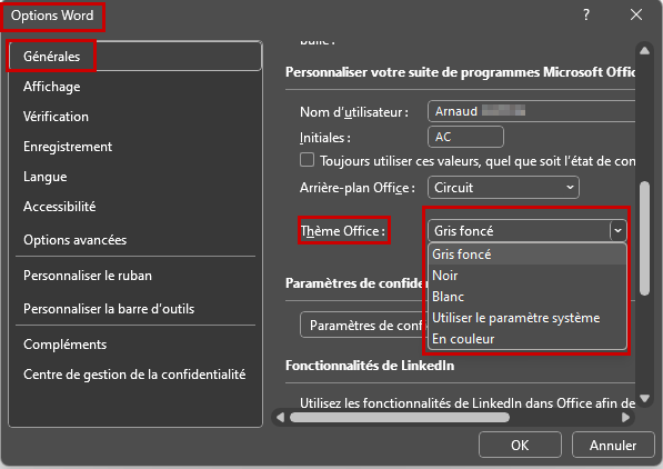 Word Options d'interface : Thème Office