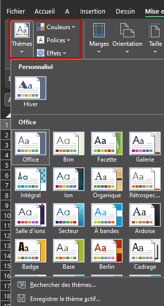 Excel : ruban Mise en page>Thèmes