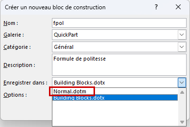 Word Modèle Enregistrement de bloc de construction