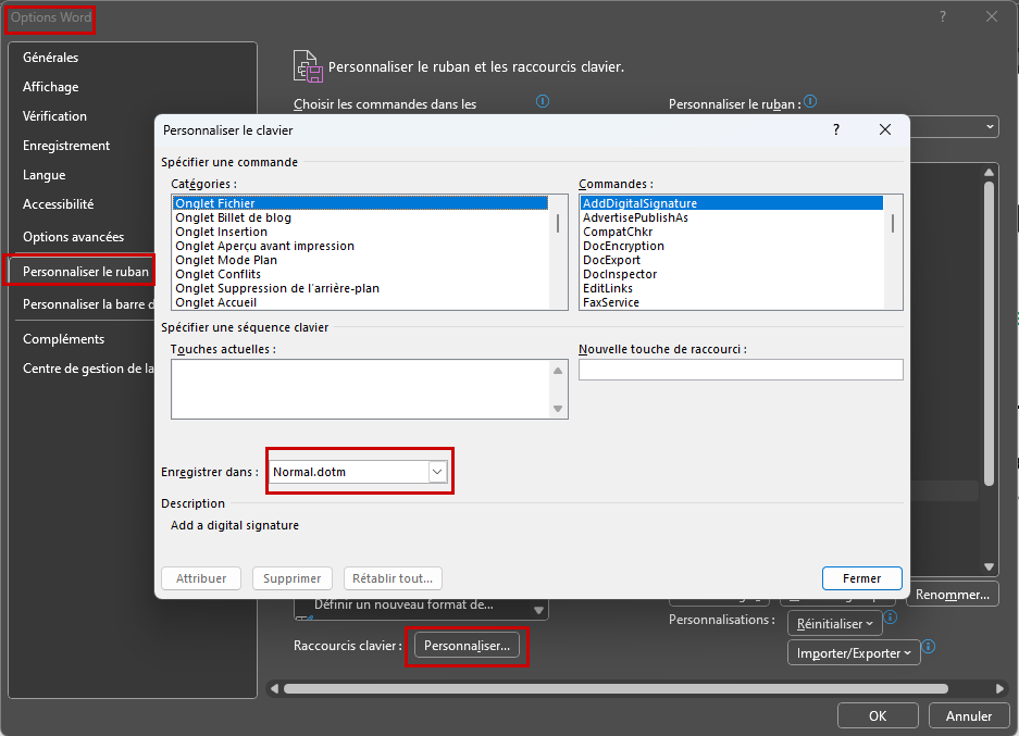 Word Modèle Enregistrement de raccourcis clavier