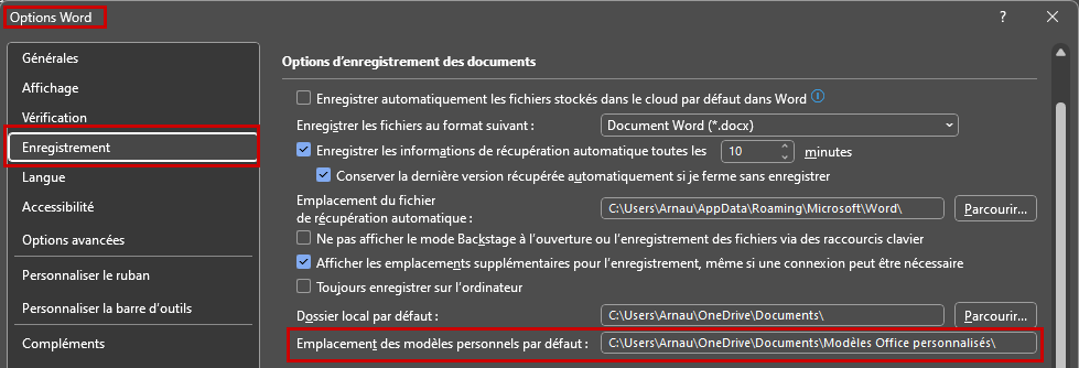 Word Modèle Emplacement dossier