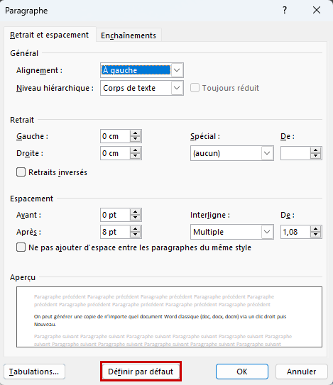 Word Modèle Paramètre Paragraphe par défaut