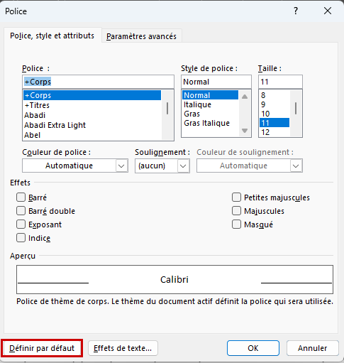 Word Modèle Paramètre Police par défaut
