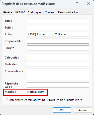 Word Modèle Fenêtre Informations>Propriétés