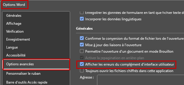 Word Ruban personnalisé : Option d'affichage des erreurs