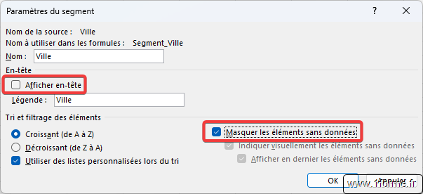 Excel Paramétrage du segment