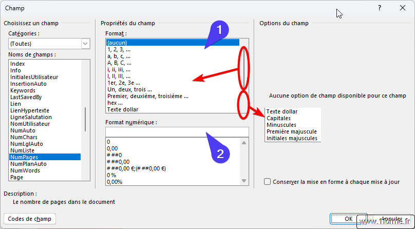 Word Numérotation : Modification du champ