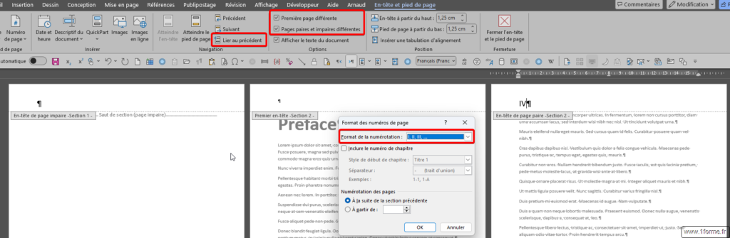 Word Numérotation : Paramétrage des sections