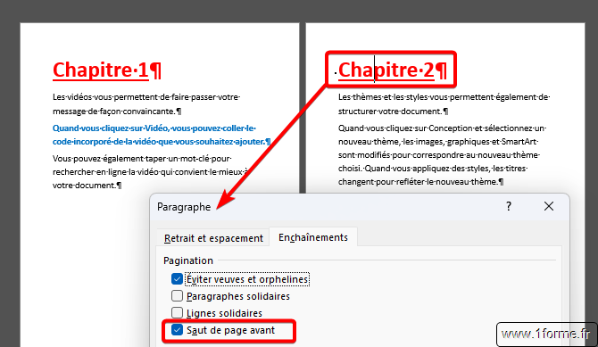 Word : Saut de page via les propriétés du paragraphe