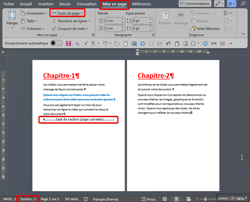 Word : Saut de section Page suivante
