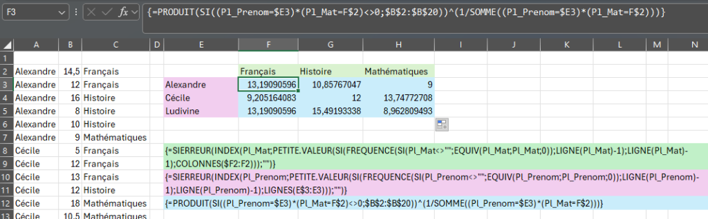 3 formules pour la moyenne géométrique conditionnelle compatible avec les anciennes versions d'Excel