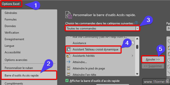 Ajout de l'outil Assistant tableau croisé dynamique.