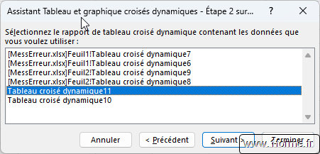 Choix du tableau dont on va utiliser le cache de données dans l'outil Assistant tableau croisé dynamique