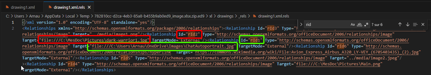 Excel image liées : Fichier Drawing1.xml.rels