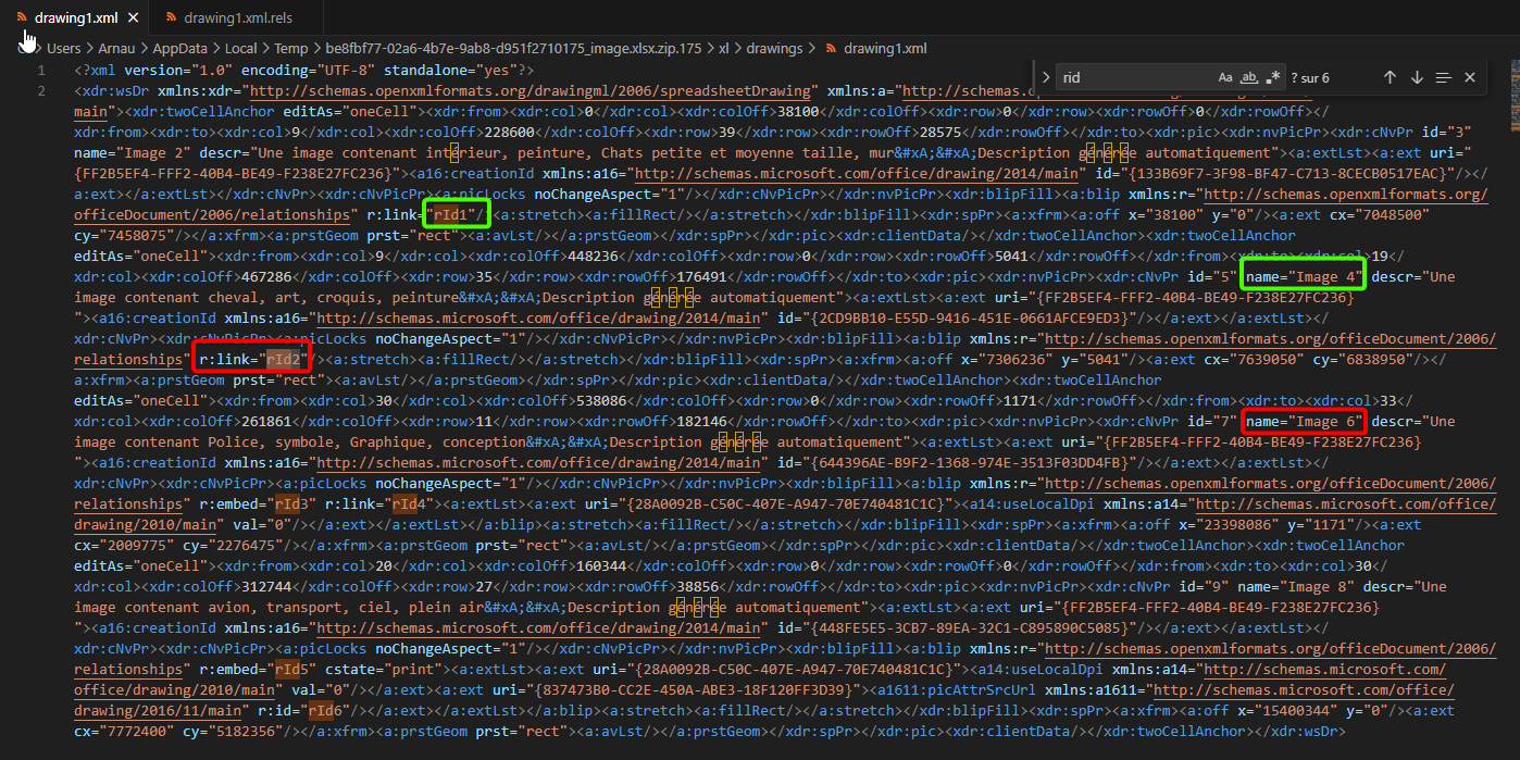 Excel image liées : Fichier Drawing1.xml