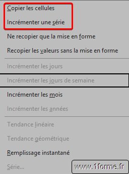 Génération de séries - Menu contextuel