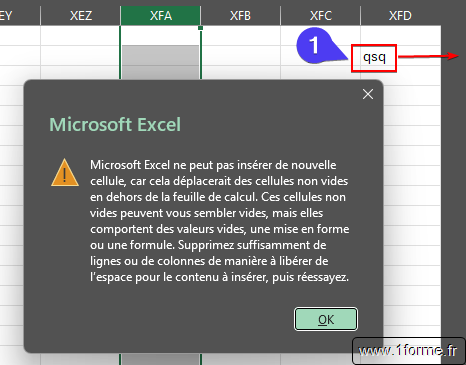 Message d'erreur lors de l'insertion d'une ligne ou d'une colonne