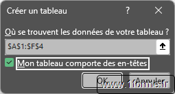 Fenêtre pop-up permettant de contrôler la plage pris en compte et de paramétrer l'existence d'une ligne de titre