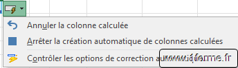 Menu de la balise active "Options de correction automatique" apparaissant en cas de modification d'une formule d'une des cellules d'une colonne