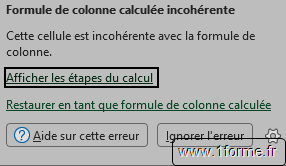 Fenêtre pop-up quand on pointe la marque d'erreur (triangle vert en haut à gauche)