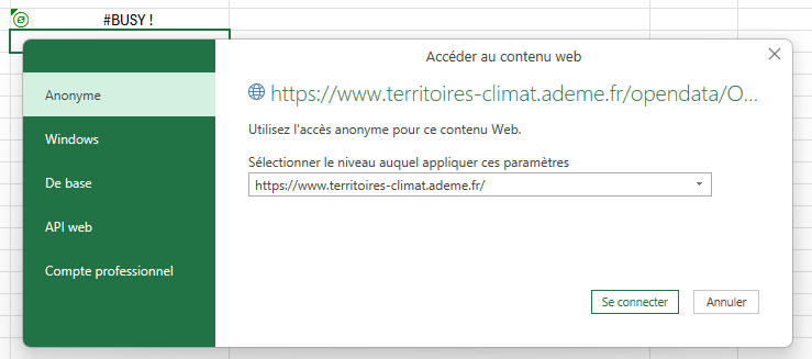 Fenêtre pop-up des gestion des accès aux données Web