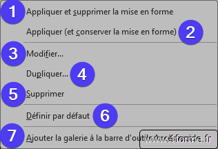 Menu contextuel des vignettes de styles de tableau