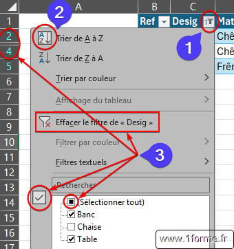 Menu des filtres de colonne