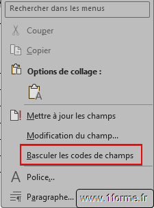 Menu contextuel : Commande Basculer les codes de champs