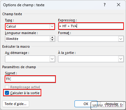 Boîte de dialogue des options du champ de formulaire Zone d'édition