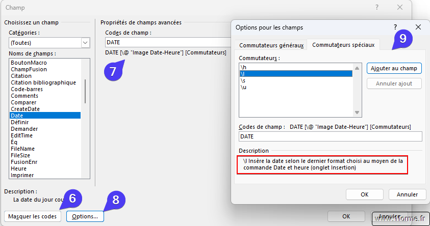 Boîte de dialogue Champ et Options pour les champs