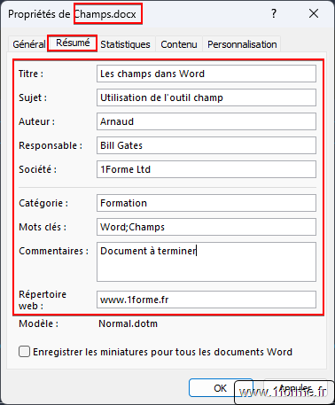 Boîte de dialogue Propriétés