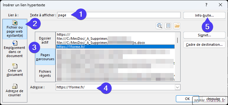 Boîte de dialogue Insérer un lien hypertexte : Fichier ou page web