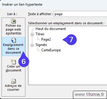 Boîte de dialogue Insérer un lien hypertexte : Emplacement dans ce document