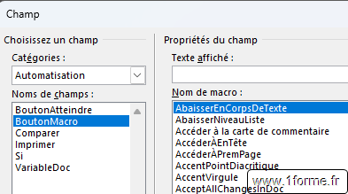 Liste des commandes visibles dans la fenêtre Champ