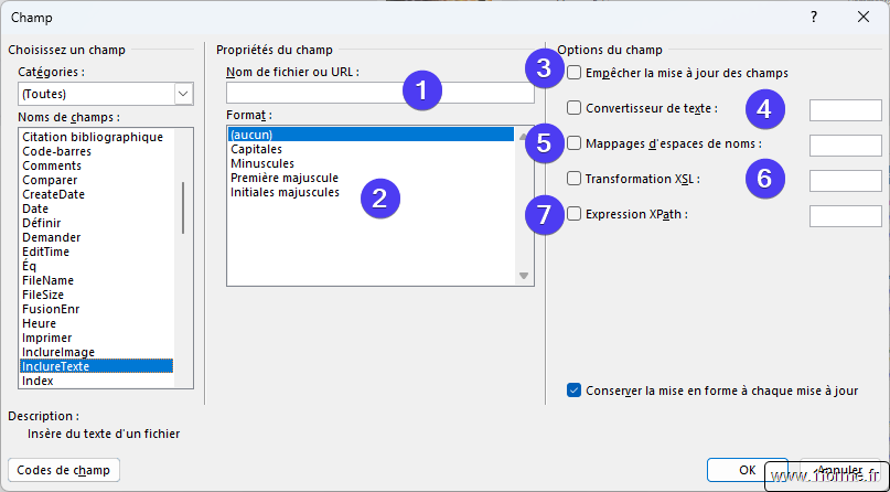 Interface pour INCLUDETEXT