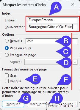 Boîte de dialogue Marquer les entrées d'index