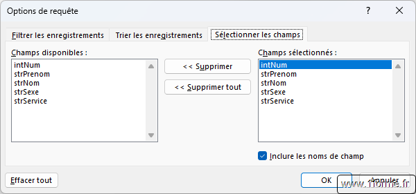 Fenêtre Options de requête
