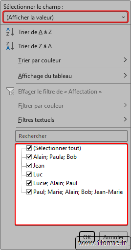 Volet de l'outil Filtrer en mode Afficher la valeur