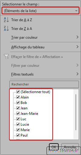 Volet de l'outil Filtrer en mode Éléments de la liste