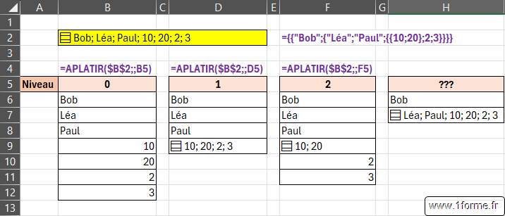 Exemples de la fonction APLATIR avec différents niveaux