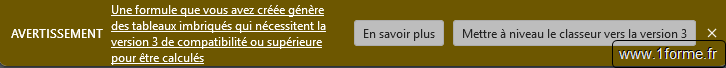 Bandeau d'alerte demandant d'activer la version 3 de compatibilité pour les formules